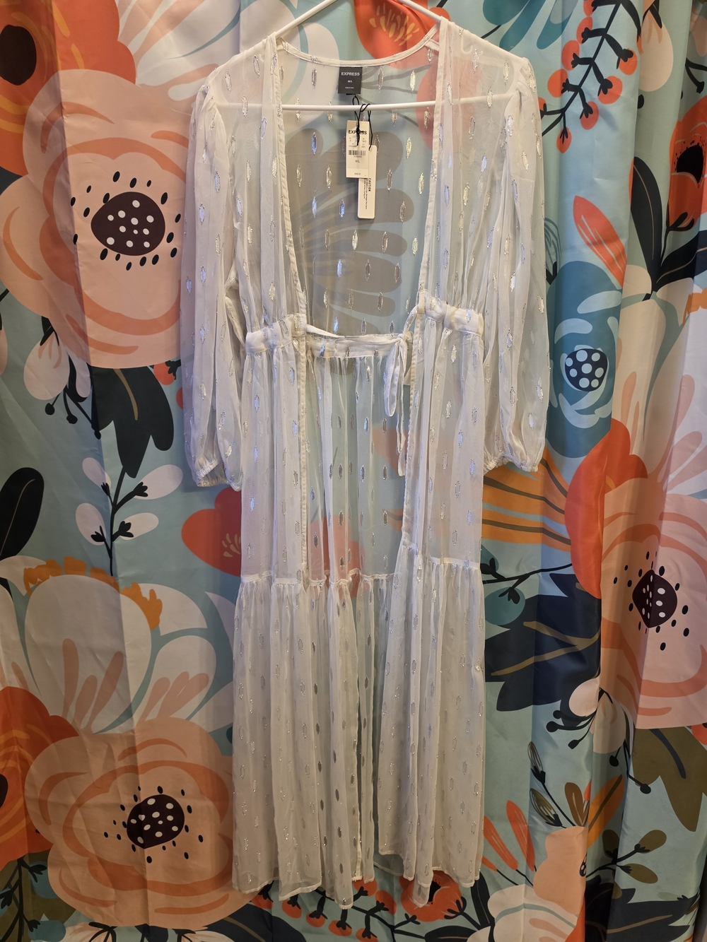 Express Sheer Ivory Embroidered Long Cover-Up